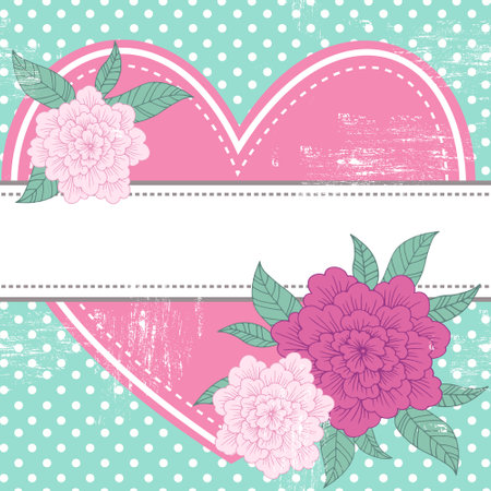 Vector vintage retro background, pink heart and flowers. Template for wedding invitations, retro frame, greeting cards, label, cover, vector illustration.のイラスト素材