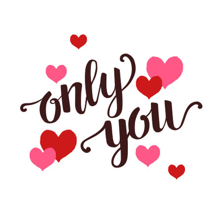 Doodle silhouette of red heart on white background, hand written lettering "Only you", romantic love vector illustration for Valentine`s day.のイラスト素材