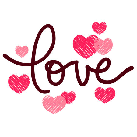 Valentine card, doodle pink heart on white background, hand written lettering "Love" Valentin`s day love romantic background, vector illustration for t-shirt print, invitation.のイラスト素材