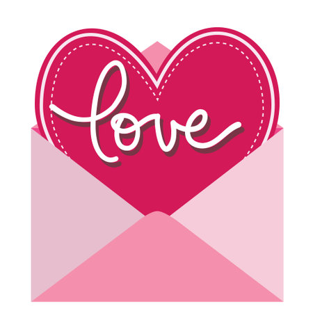 Pink hear in envelope, hand written lettering Love, vector illustration on white background. Valentine's day, love, romantic image.のイラスト素材