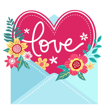 Pink hear and flowers in envelope, hand written lettering Love, vector illustration on white background. Valentine's day, love, romantic image.のイラスト素材