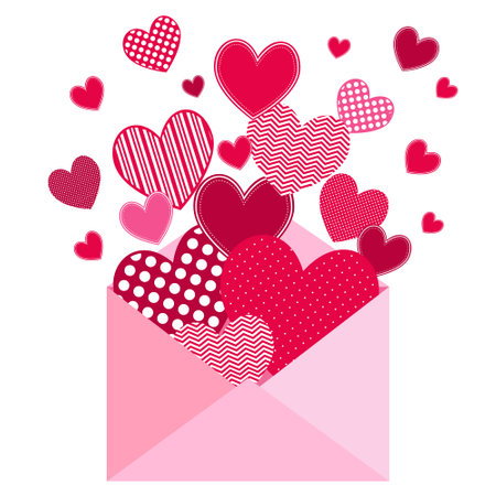 Pink hearts in envelope, vector illustration on white background. Valentine's day, love, romantic image.のイラスト素材