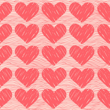 Pink doodle hearts, vintage vector seamless pattern, love, romantic, Valentines day theme, template for textile, wallpaper, wrapping paper.のイラスト素材