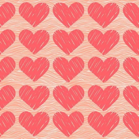 Pink doodle hearts, vintage vector seamless pattern, love, romantic, Valentines day theme, template for textile, wallpaper, wrapping paper.のイラスト素材