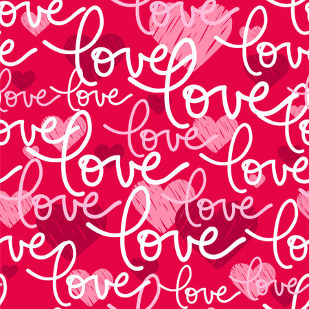 Vector seamless pattern, hand written lettering Love, pink doodle hearts, template for Valentines day, textile, wallpaper design.のイラスト素材