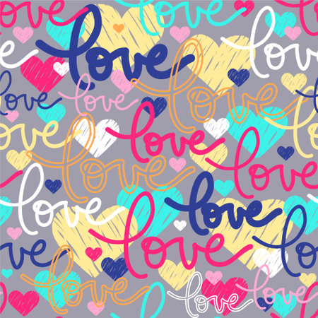 Vector seamless pattern, hand written lettering Love, pink doodle hearts, template for Valentines day, textile, wallpaper design.のイラスト素材