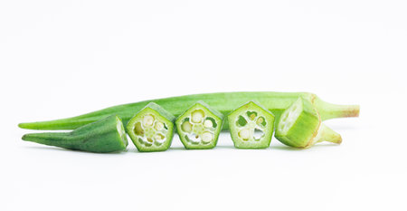 fresh okra or lady finger or Bhindi isolate on white background, orka slicesの写真素材