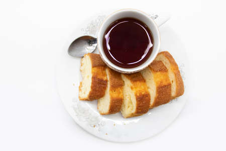 cake with tea isolate on white background, top viewの写真素材