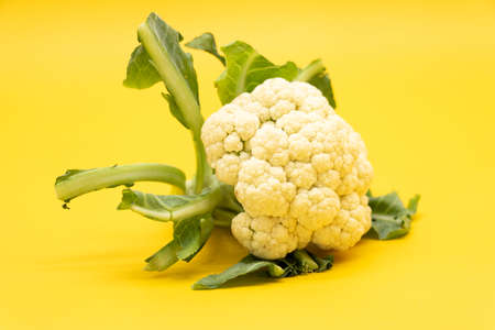 Cauliflower with leaves isolated on yellow backgroundの写真素材