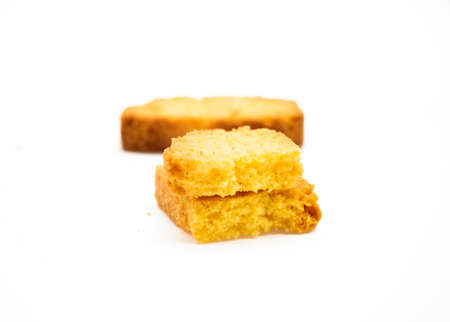 crispy rusk close up on white background, dry cakeの写真素材