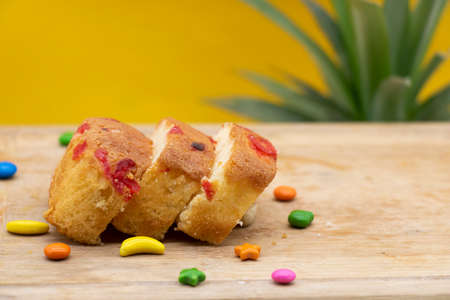 butter cake or pound cake slices isolated on yellow background