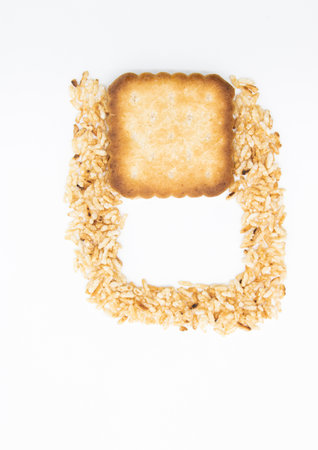rectangular sugar biscuit with rice design isolated on white, top viewの写真素材