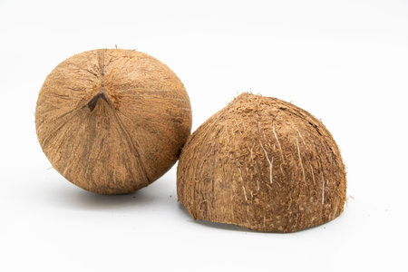 Whole Coconut and half coconut isolated on white backgroundの写真素材