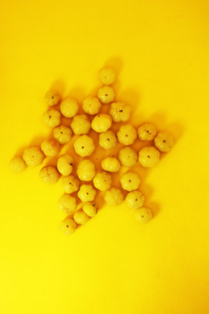 sour fruit isolated on yellow backgroundの写真素材