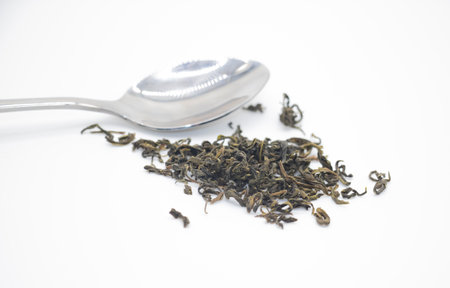selective focus, green tea close up isolate on white backgroundの写真素材