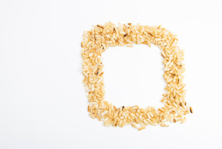 fry rice rectangular design isolated on white, top view, selective focusの写真素材
