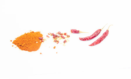 red chillies with red chilly powder indian spiceの写真素材