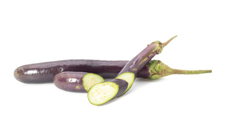 fresh long eggplant slices isolated on white backgroundの写真素材
