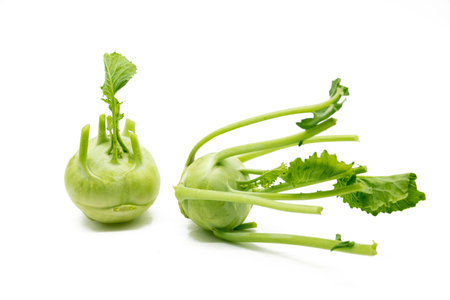 two kohlrabi isolated on white background. selective focusの写真素材
