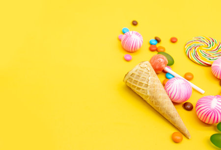 Colorful lollipop candies isolated on yellow backgroundの写真素材