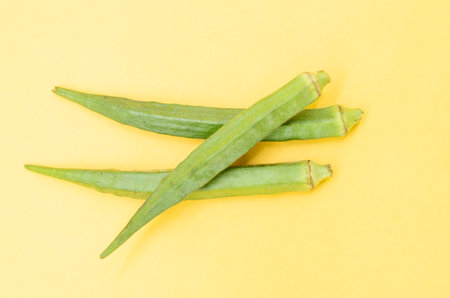 fresh okra isolated on yellow backgroundの写真素材
