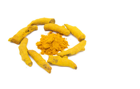 turmeric and turmeric powder flat on white backgroundの写真素材