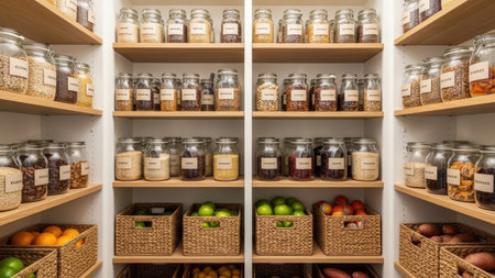 A neatly arranged pantry with wooden shelves stocked with glass jars of food and wicker baskets of fresh produce, showcasing a tidy storage space with a mix of dry goods and fruits.の写真素材