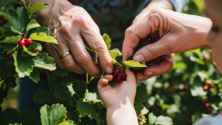 A close-up of a child's hand reaching for a ripe berry on a green leafy bush with red berries,...