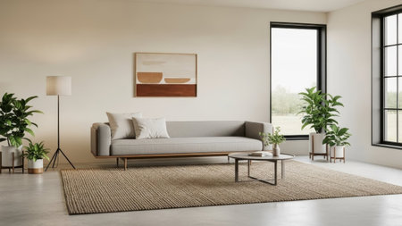 A modern living room with a gray couch, shag rug, and plants on either side, set against a white wall with a large window and a painting above the couch, creating a bright and airy atmosphere with a mの写真素材