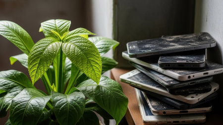 A lush green plant with large leaves covered in water droplets sits beside a stack of old black and white objects on a wooden table, set against a blurred indoor background with natural lightの写真素材