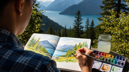 A woman in a plaid shirt paints a scenic landscape with watercolors, surrounded by trees and a lake in the background, with a paint palette and jar of water nearby.の写真素材