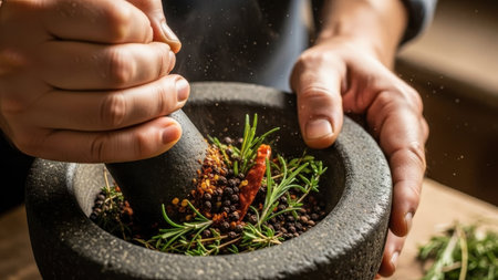 Close-up of hands using a mortar and pestle to grind green herbs and orange spices on a wooden...
