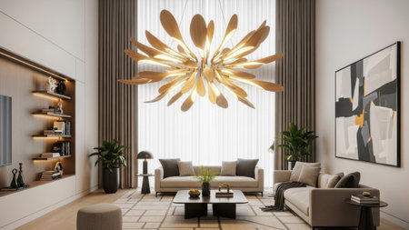 A modern living room with a stunning flower-shaped chandelier, beige sofa set, coffee table, and...