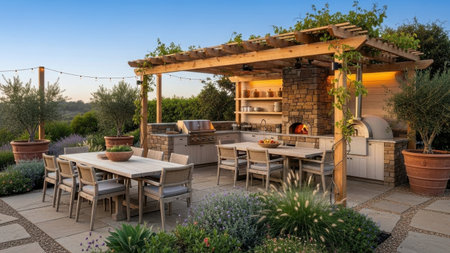 A warmly lit outdoor dining area with a pergola, built-in grill, and rustic stone walls, surrounded...