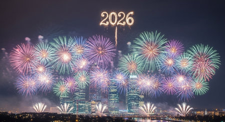 Happy new year 2016 written with Sparkle firework over cityscape backgroundの素材