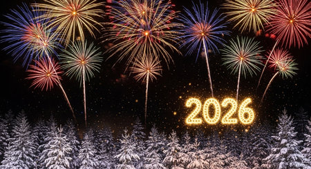 Happy new year 2016 with fireworks over snowy fir tree forest at nightの素材