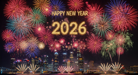 Happy new year 2016 written with Sparkle firework and cityscape backgroundの素材