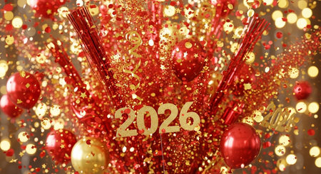 Happy New Year 2020 celebration concept. Red and gold balloons, confetti and tinsel.の素材