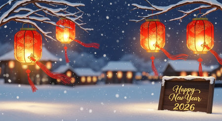 Happy Chinese New Year banner with red lanterns in snowy winter villageの素材