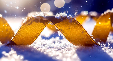 Golden ribbon on snow with bokeh effect. Christmas background.の素材