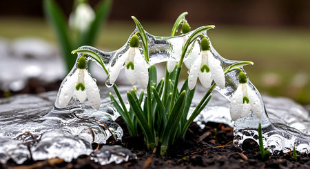 Snowdrop flowers growing out of the ice in the spring garden.の素材