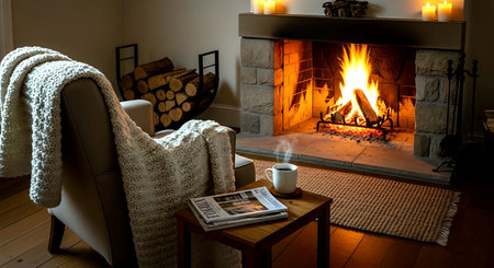 Cozy living room with fireplace, armchair, coffee cup and bookの素材