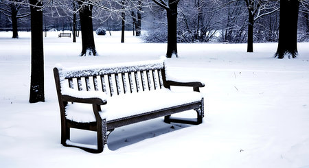 Wooden bench in the park covered with snow in a winter dayの素材