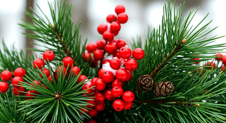 Christmas tree with red holly berries and pine cones on blurred backgroundの素材