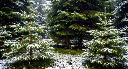 Fir trees covered with snow in winter forest. Christmas background.の素材