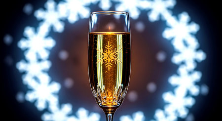 Champagne glass with snowflakes on bokeh background.の素材