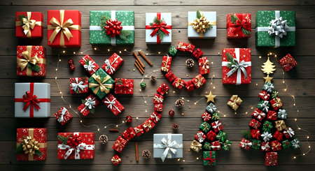 Christmas gift boxes on wooden background. Top view with copy space.の素材