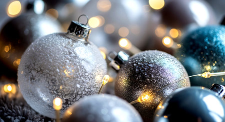 Christmas and New Year background. Christmas balls and lights on bokeh backgroundの素材