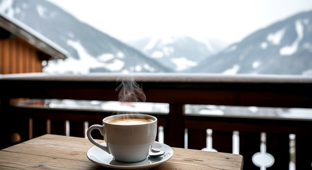 Coffee cup on wooden table in front of the mountains.の素材