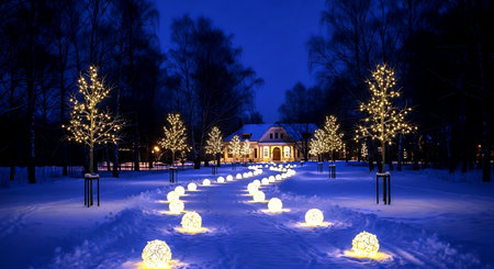 Christmas and New Year decorations in the city park at night, Moscow, Russiaの素材